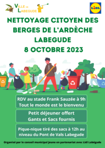 Nettoyage des berges de l'Ardèche @ Du stade au Pont de Vals Labégude